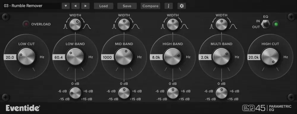 Interfaz del plugin Eventide EQ45, ecualizador paramétrico de 4 bandas con controles Low Cut, Low/Mid/High/Multi Band, Width y High Cut estilo Urei 545