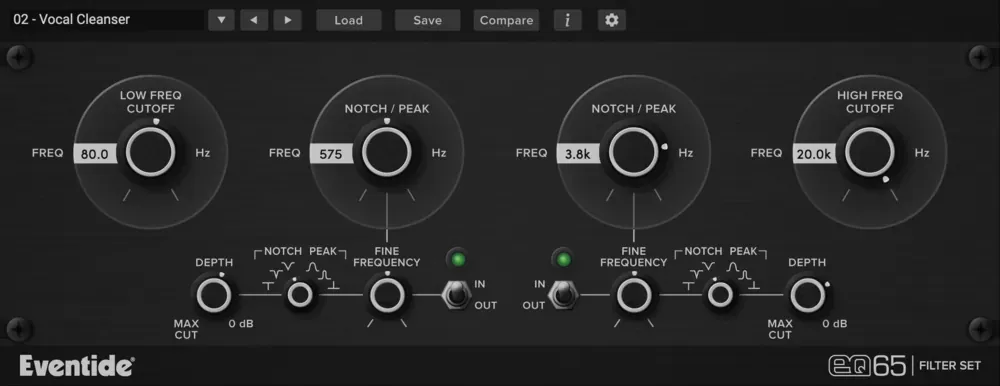Interfaz del plugin Eventide EQ65, set de filtros notch/band pass de dos bandas con controles Low/High Freq Cutoff, Depth y Fine Frequency estilo Urei 565