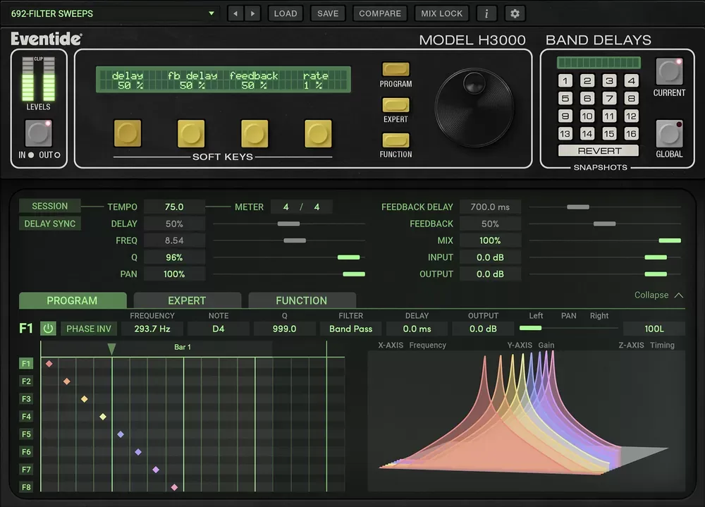 Interfaz del plugin Eventide H3000 Band Delays Mk II con las ocho bandas de delay y la visualización 3D de sus formas
