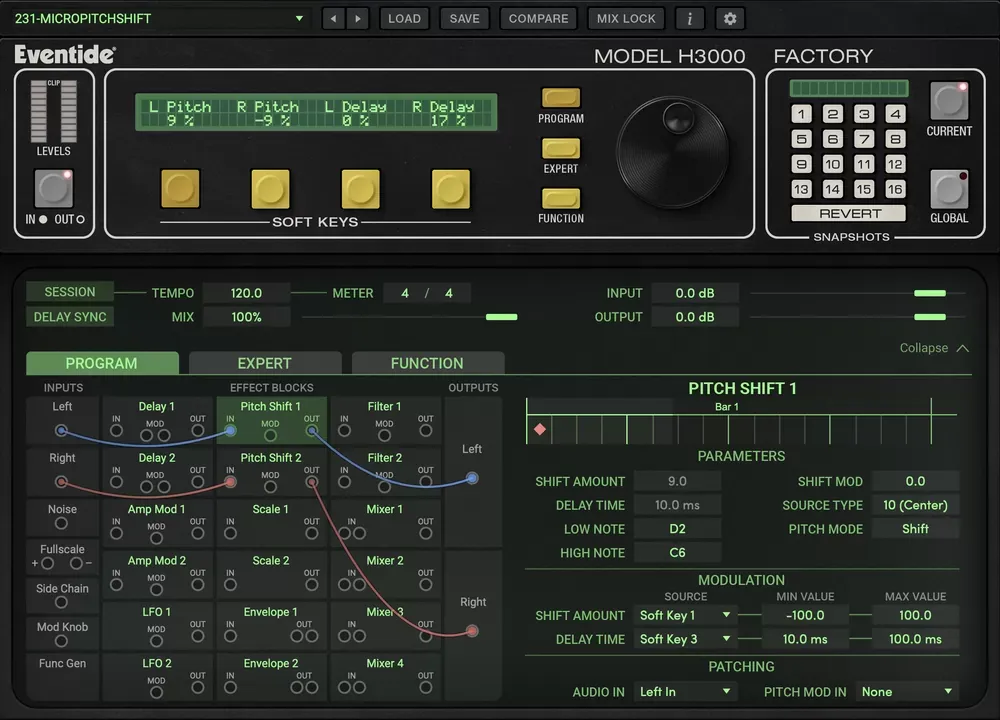 Interfaz del plugin Eventide H3000 Factory Mk II con la emulación del hardware, los bloques de efectos y el ruteo modular