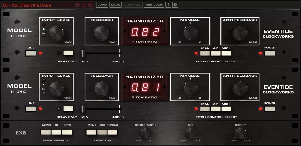 Interfaz del plugin Eventide H910 Dual Harmonizer: dos unidades H910 apiladas en paralelo con el panel EX6 de feedback estéreo, enlace y ancho estéreo