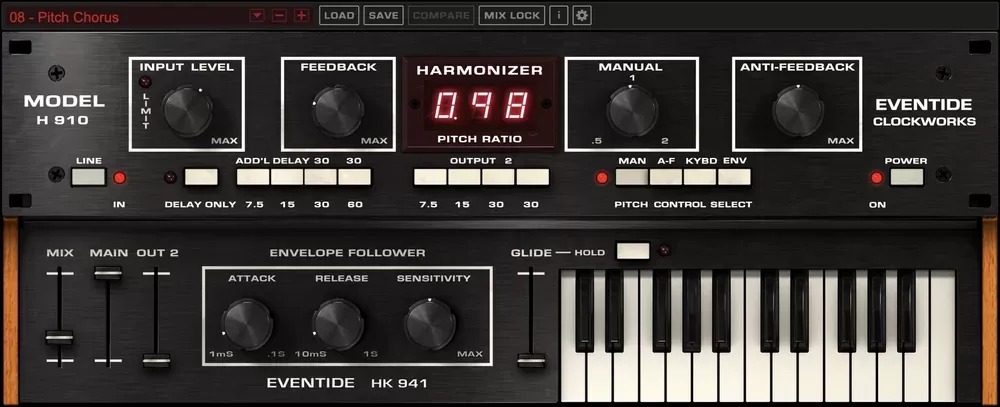 Interfaz del plugin Eventide H910 Harmonizer con la pantalla LED de Pitch Ratio, los controles Input Level, Feedback, Manual y Anti-Feedback, más el seguidor de envolvente y el teclado