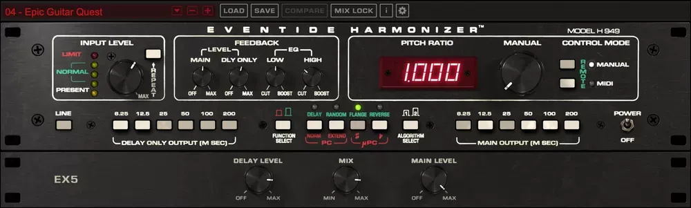 Interfaz del plugin Eventide H949 Harmonizer con Pitch Ratio, Feedback, Manual, modos Delay/Random/Flange/Reverse y la versión Dual