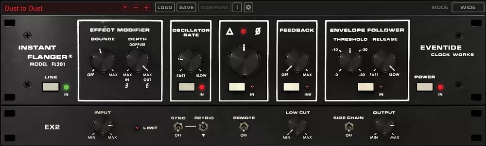 Interfaz del plugin Eventide Instant Flanger Mk II modelo FL201 con Effect Modifier, Oscillator Rate, Feedback y Envelope Follower