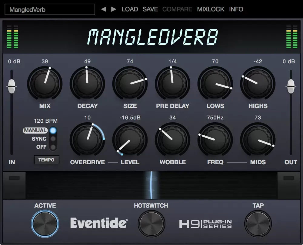 Interfaz del plugin Eventide MangledVerb con los controles Mix, Decay, Size, Overdrive y Wobble