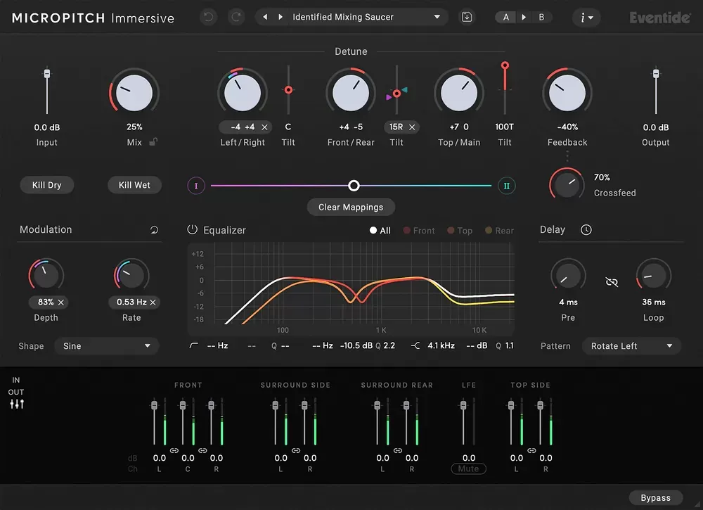 Interfaz del plugin Eventide MicroPitch Immersive con controles de Detune Left/Right, Front/Back y Top/Main, modulación, ecualizador por altavoces y faders de canales surround para Dolby Atmos