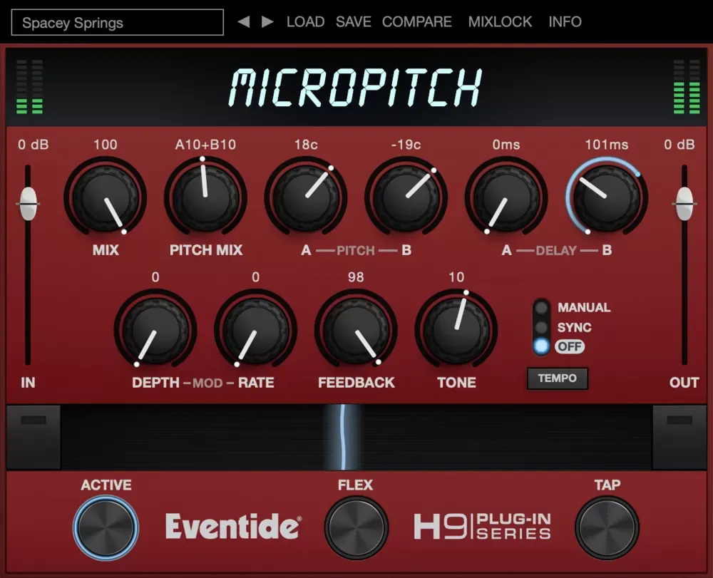 Interfaz del plugin Eventide MicroPitch con los controles Mix, Pitch Mix, Pitch A/B, Delay A/B, Feedback y Tone