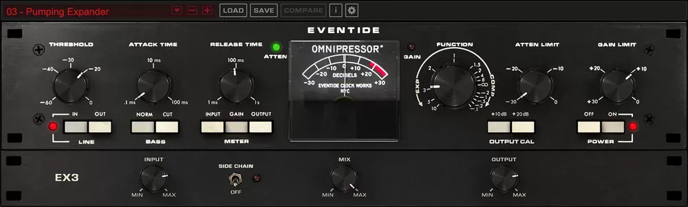 Interfaz del plugin Eventide Omnipressor con el medidor oscuro, los controles Threshold, Attack, Release, Function, Atten Limit y Gain Limit en formato rack