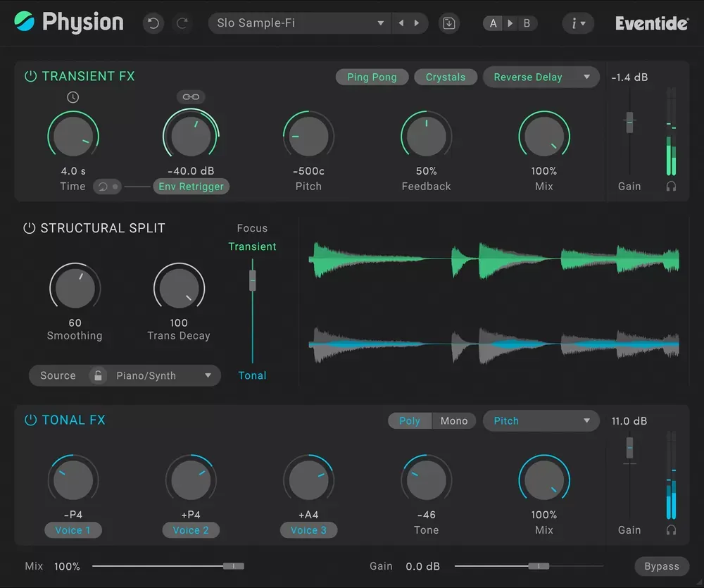 Interfaz del plugin Eventide Physion Mk II mostrando los módulos Transient FX, Structural Split con la forma de onda y Tonal FX