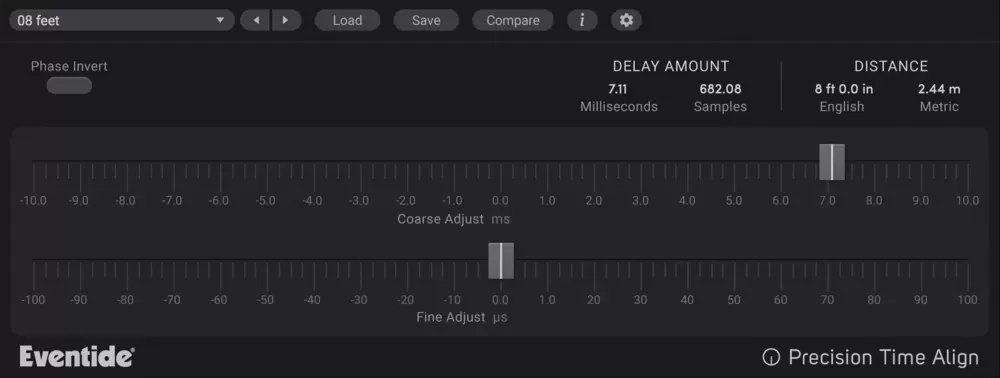 Interfaz del plugin Eventide Precision Time Align con el botón Phase Invert, el indicador Delay Amount en milisegundos y muestras, la distancia en pies y metros, y los deslizadores Coarse y Fine Adjust