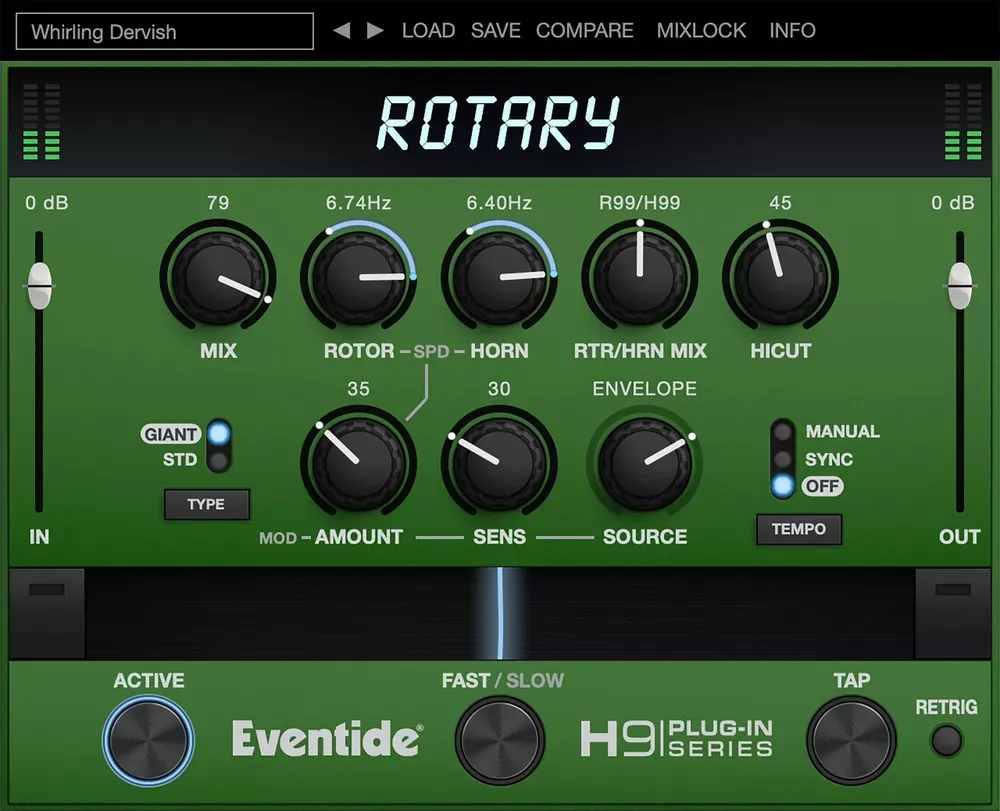Interfaz del plugin Eventide Rotary Mod con los controles Mix, Rotor, Horn, Rtr/Hrn Mix, Hicut y modulación