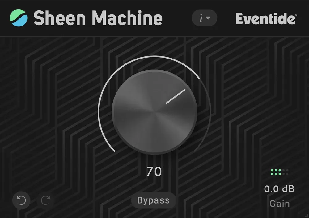 Interfaz del plugin Eventide Sheen Machine con su única perilla, botón Bypass y control de ganancia