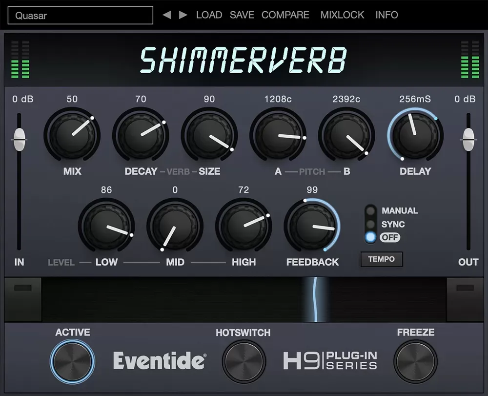 Interfaz del plugin Eventide ShimmerVerb con los controles Mix, Decay, Size, Pitch A/B, Delay, Low/Mid/High y Feedback