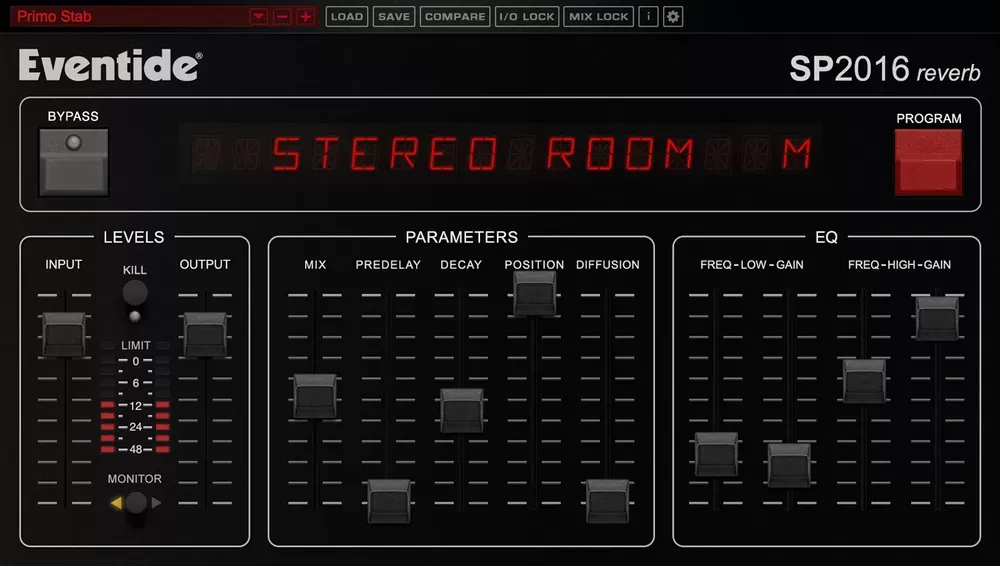 Interfaz del reverb Eventide SP2016 con secciones de niveles, parámetros y ecualización