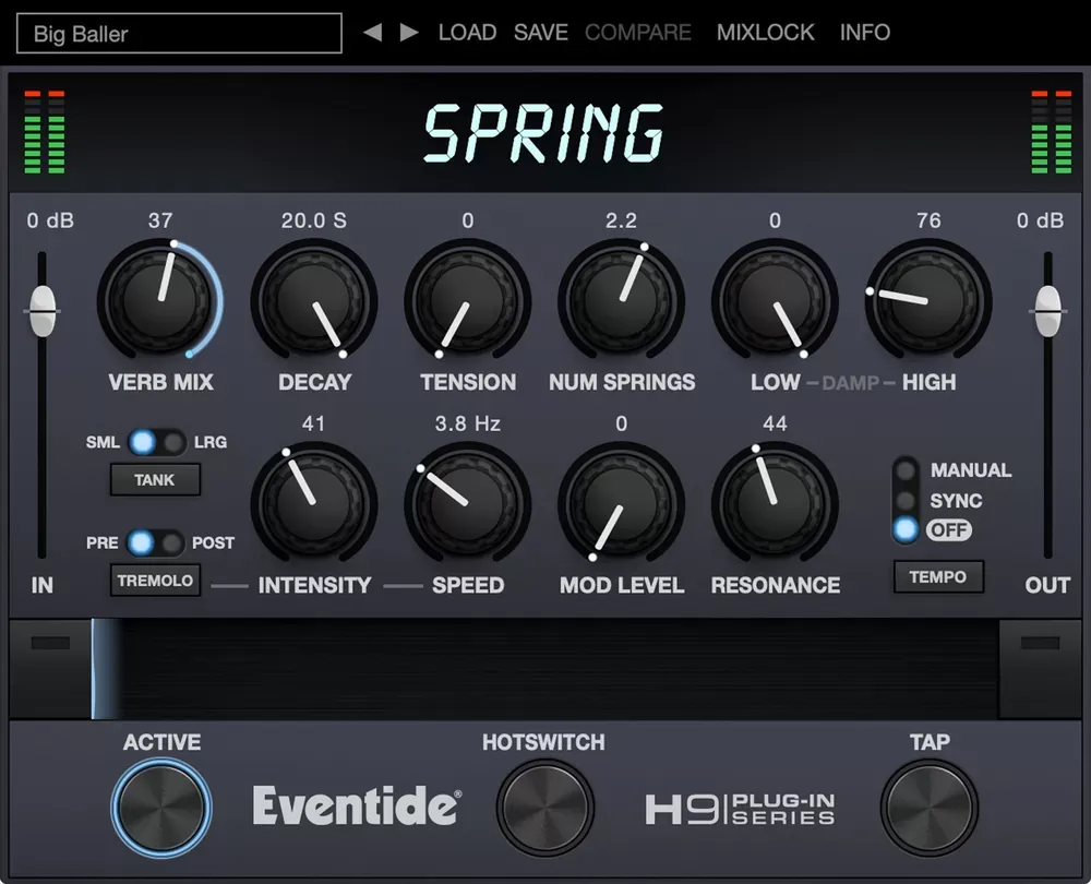 Interfaz del plugin Eventide Spring con los controles Verb Mix, Decay, Tension, Num Springs, tremolo e Intensity