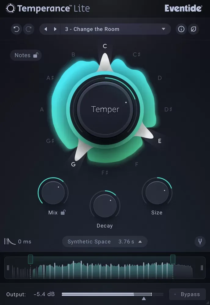 Interfaz del plugin Eventide Temperance Lite con la perilla Temper central, el círculo de 12 notas y los controles Mix, Decay y Size