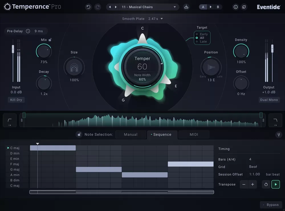 Interfaz del plugin Eventide Temperance Pro con la perilla Temper central, el campo modal de notas y el secuenciador de notas