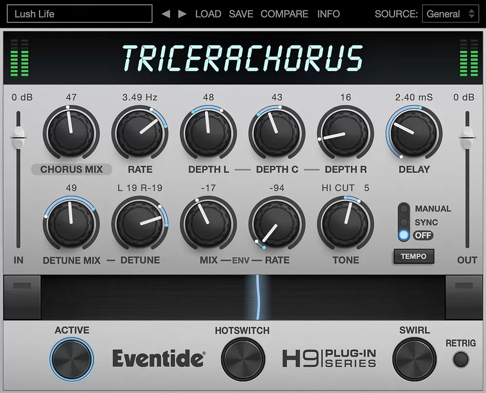Interfaz del plugin Eventide TriceraChorus con los controles Chorus Mix, Rate, Depth L/C/R, Delay, Detune, Tone y Swirl