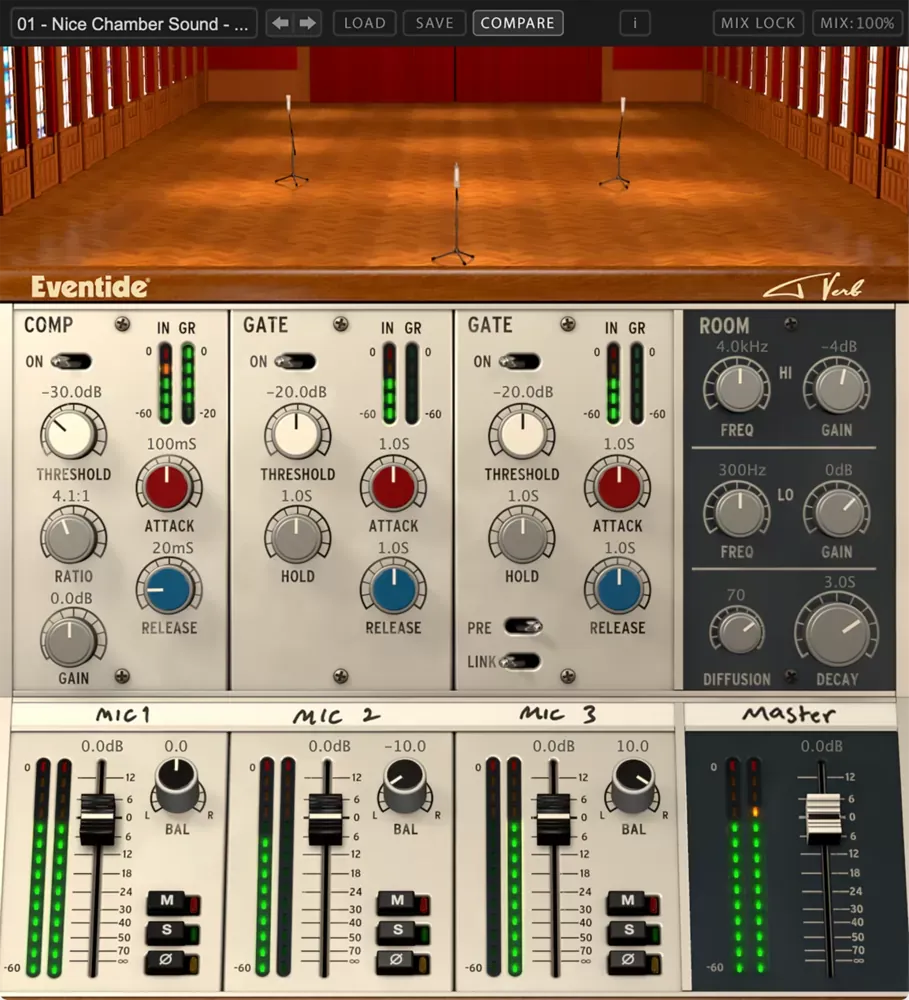 Interfaz del plugin Eventide Tverb: sala virtual con tres micrófonos y consola con compresor, dos gates, control de sala y mezclador de Mic 1, Mic 2, Mic 3 y Master