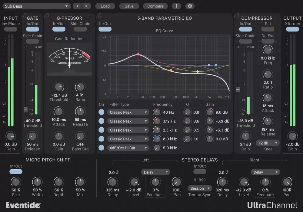 Interfaz del plugin Eventide UltraChannel con Gate, O-Pressor, EQ paramétrico de 5 bandas, compresor, micro pitch shift y delays estéreo