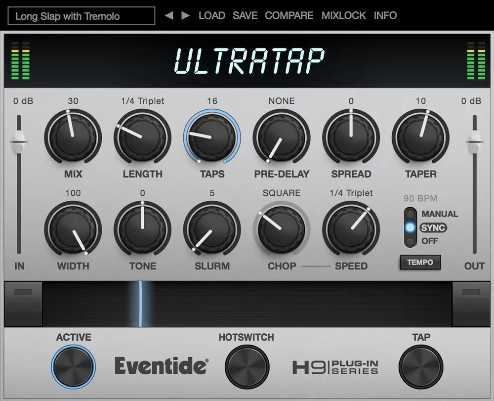 Interfaz del plugin Eventide UltraTap con los controles Mix, Length, Taps, Pre-Delay, Spread, Slurm y Chop