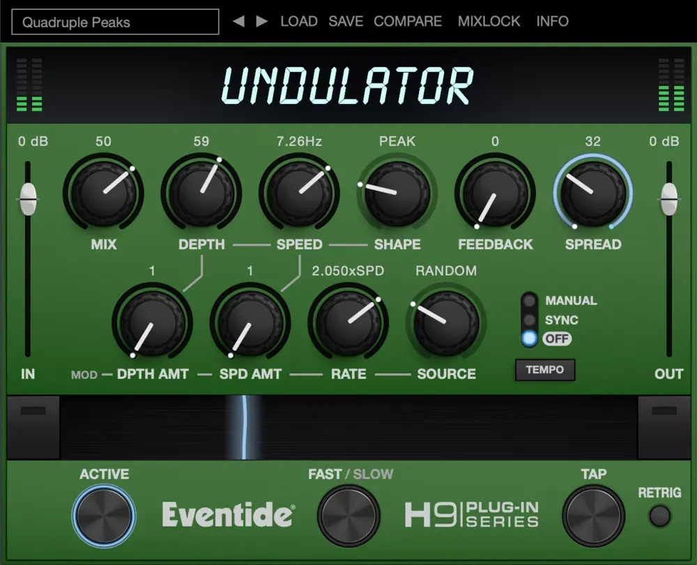 Interfaz verde del plugin Eventide Undulator con los controles Mix, Depth, Speed, Shape, Feedback, Spread y el Ribbon