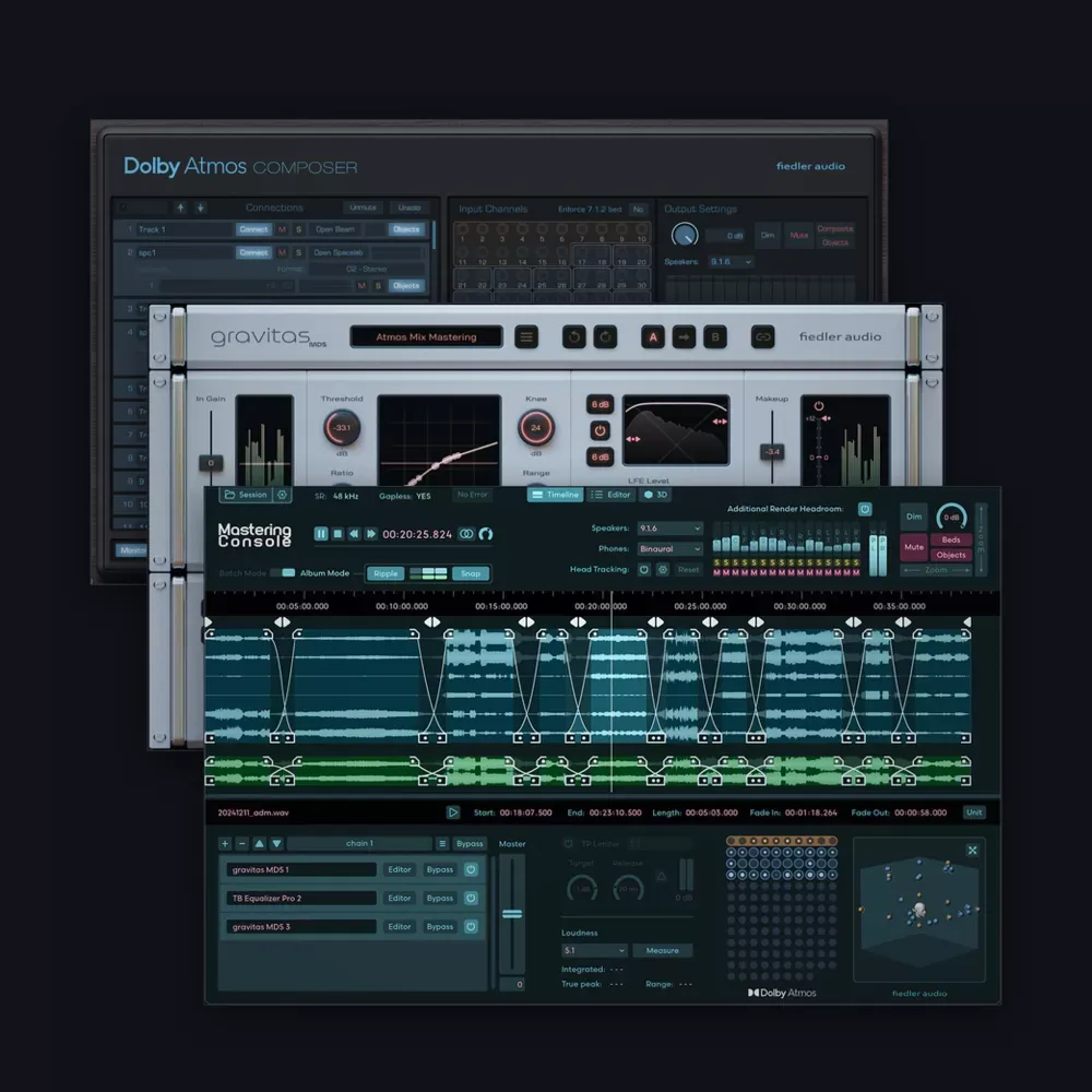 Interfaces de los plug-ins incluidos en el pack Fiedler Audio: Dolby Atmos Composer, gravitas MDS y Mastering Console