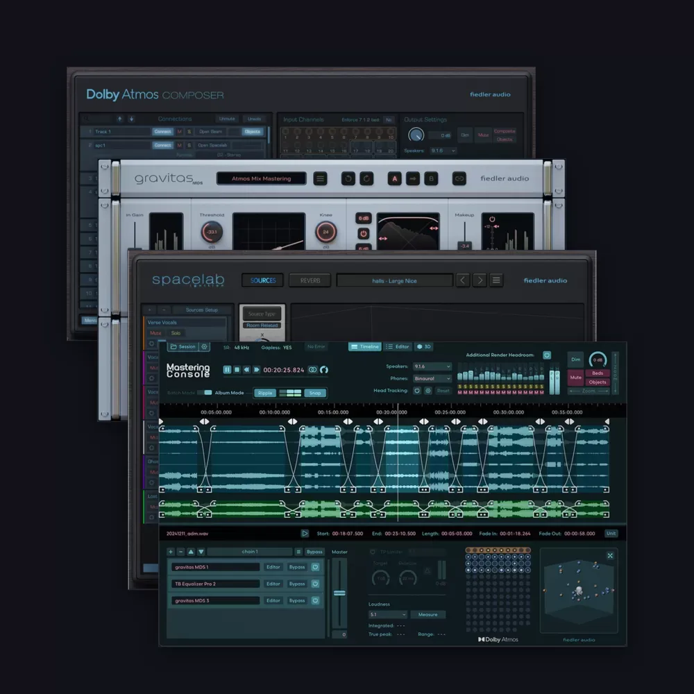 Interfaces de los plug-ins incluidos en el pack Fiedler Audio: Dolby Atmos Composer, gravitas MDS, Spacelab Ignition y Mastering Console