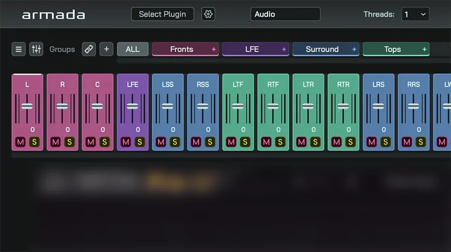 Interfaz de armada con la barra Groups (ALL, Fronts, LFE, Surround, Tops) y tiras de canal L, R, C, LFE, LSS, RSS, LTF, RTF, LTR, RTR, LRS, RRS, cada una con fader, valor 0 y botones M y S, coloreadas por grupo