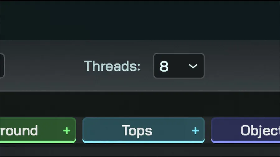 Detalle de la barra superior de armada con el selector Threads desplegable ajustado en 8, y debajo las pestañas de grupo Surround, Tops y Objects con sus botones de suma