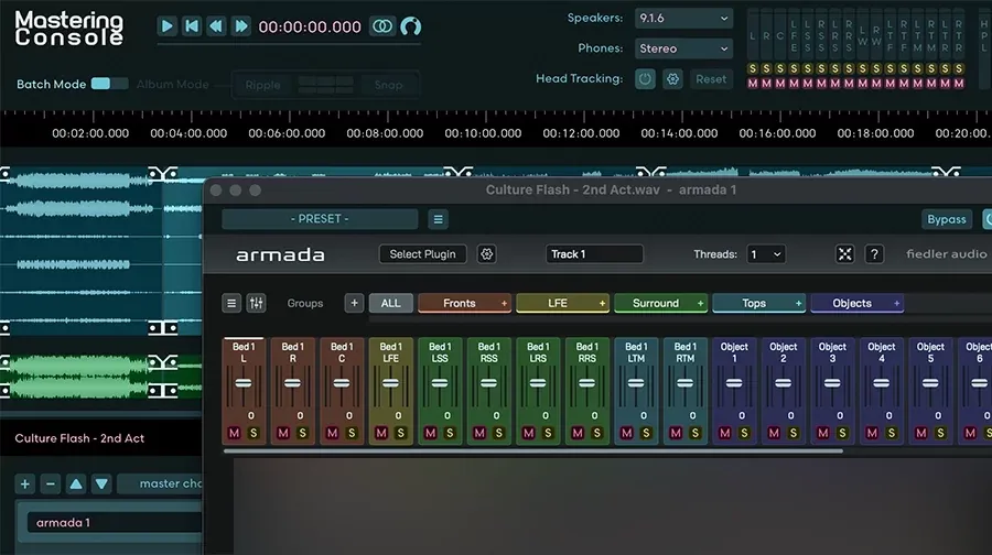 Ventana de armada abierta sobre la Mastering Console de Fiedler Audio, con timeline de formas de onda y la instancia armada 1 en el master channel, mostrando tiras Bed 1 (L, R, C, LFE, LSS, RSS, LRS, RRS, LTM, RTM) y tiras Object 1 a 6, con Speakers en 9.1.6