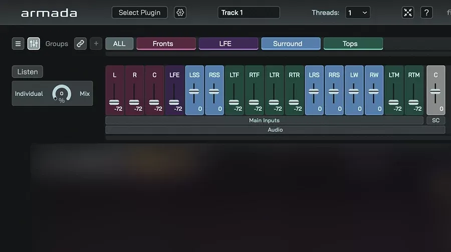 Panel de sidechain de armada con botón Listen y knob Individual/Mix a la izquierda, y a la derecha las tiras de canal L, R, C, LFE, LSS, RSS, LTF, RTF, LTR, RTR, LRS, RRS, LW, RW, LTM, RTM en -72 bajo la barra Main Inputs, más una tira gris C marcada SC
