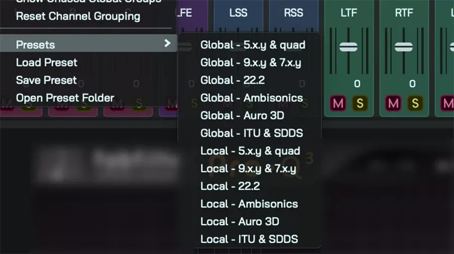 Menú de armada desplegado sobre las tiras de canal, con las opciones Reset Channel Grouping, Presets, Load Preset, Save Preset y Open Preset Folder, y un submenú que lista Global y Local para 5.x.y & quad, 9.x.y & 7.x.y, 22.2, Ambisonics, Auro 3D e ITU & SDDS