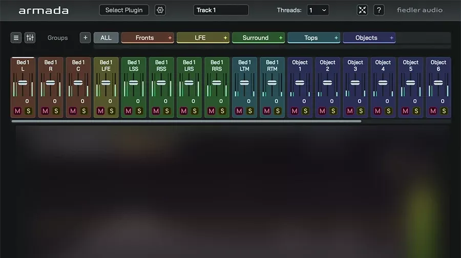 Interfaz del plug-in Fiedler Audio armada con la barra de Groups (ALL, Fronts, LFE, Surround, Tops, Objects), el selector de plug-in VST3, el control de Threads y los canales de bed y objects con sus faders