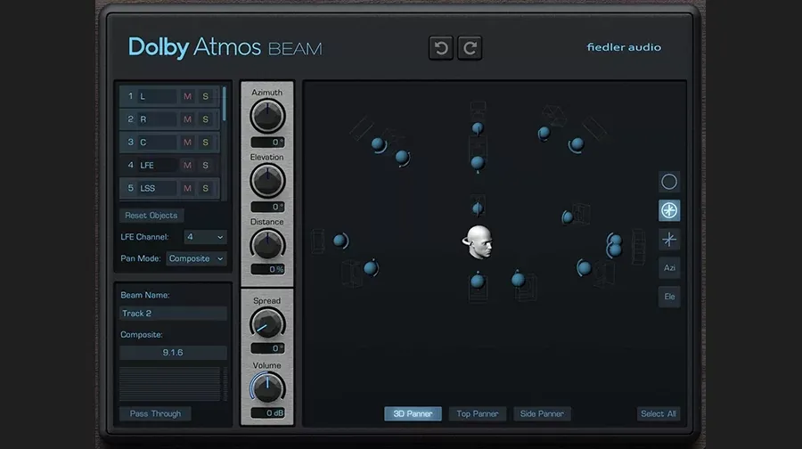 Interfaz del Dolby Atmos Beam con vista 3D Panner: cabeza del oyente al centro rodeada de esferas azules que representan objetos y siluetas de parlantes, knobs de Azimuth, Elevation, Distance, Spread y Volume, y lista de canales L, R, C, LFE y LSS