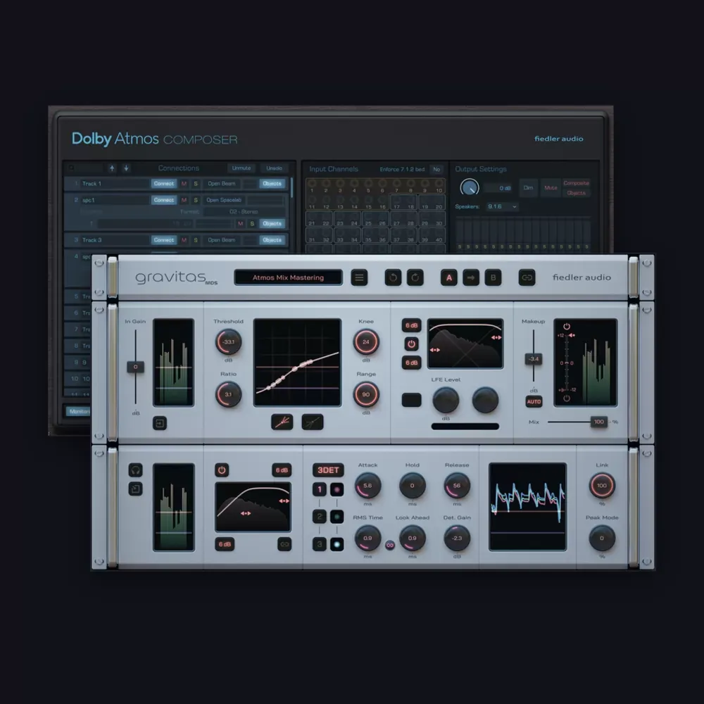 Interfaces de los plug-ins incluidos en el pack Fiedler Audio: Dolby Atmos Composer y gravitas MDS