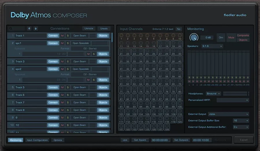 Interfaz completa del Dolby Atmos Composer: lista de Connections con botones Connect y Open Beam, grilla de Input Channels del 1 al 128, sección Monitoring con Speakers en 9.1.6, Headphones en Binaural, campo Personalized HRTF y botón Export