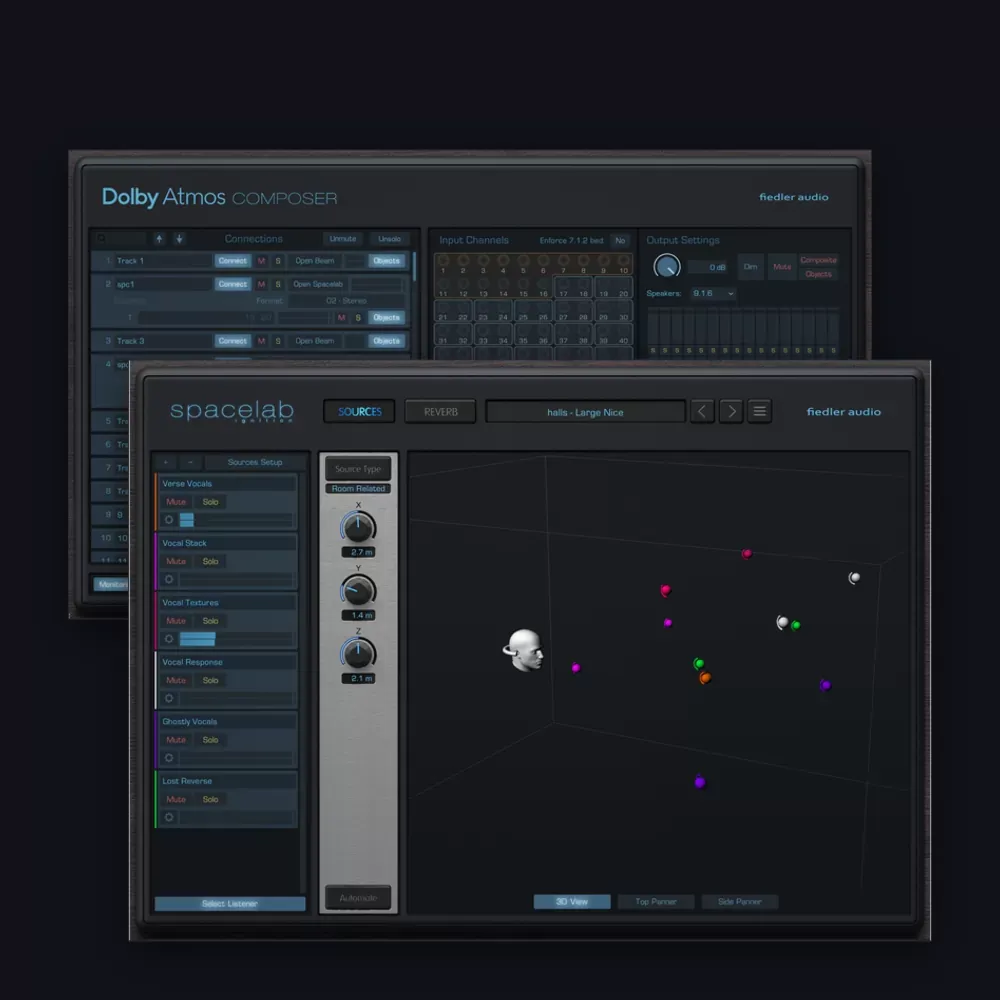 Interfaces de los plug-ins incluidos en el pack Fiedler Audio: Dolby Atmos Composer y Spacelab Ignition
