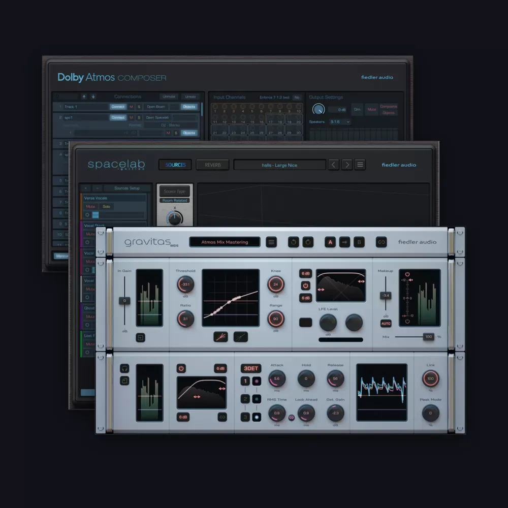 Interfaces de los plug-ins incluidos en el pack Fiedler Audio: Dolby Atmos Composer, Spacelab Ignition y gravitas MDS