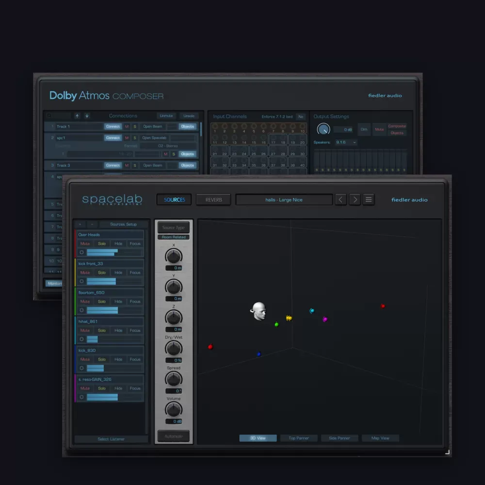 Interfaces de los plug-ins incluidos en el pack Fiedler Audio: Dolby Atmos Composer y Spacelab Interstellar
