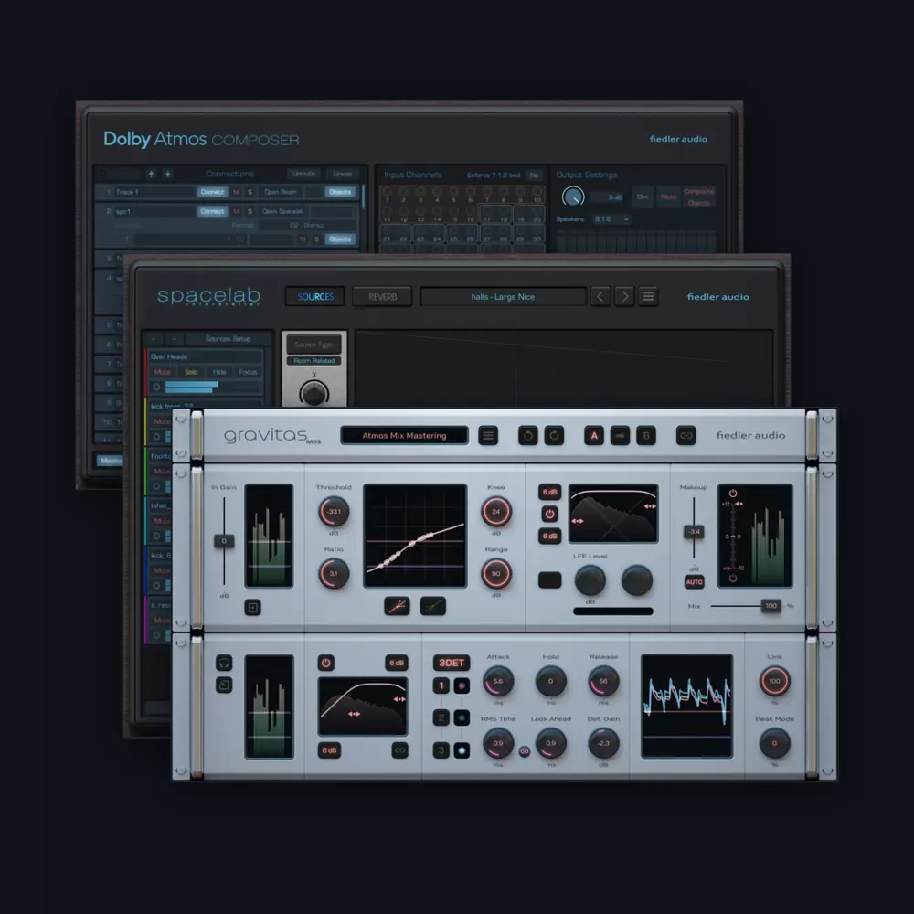 Interfaces de los plug-ins incluidos en el pack Fiedler Audio: Dolby Atmos Composer, Spacelab Interstellar y gravitas MDS