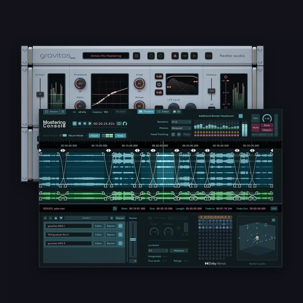 Interfaces de los plug-ins incluidos en el pack Fiedler Audio: gravitas MDS y Mastering Console