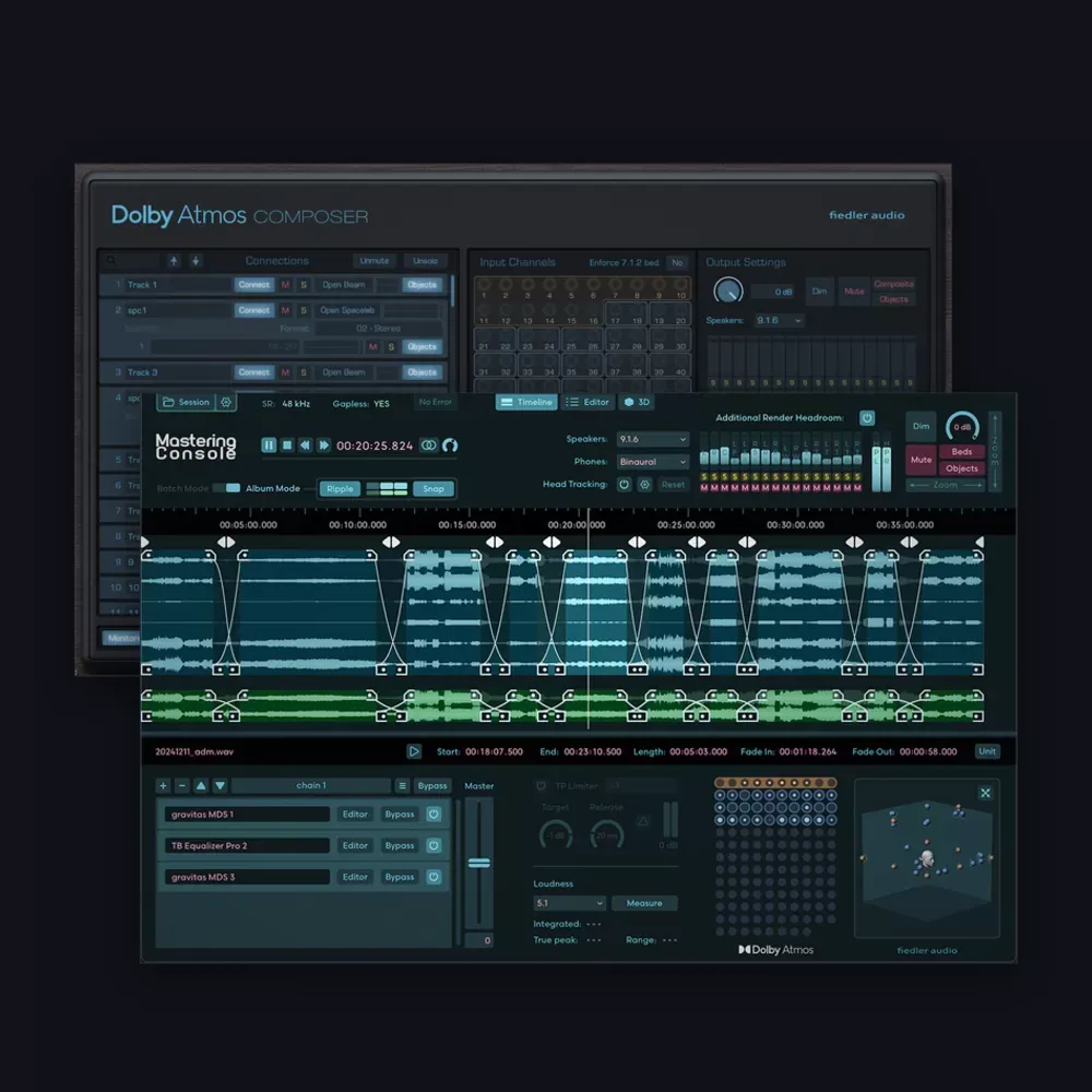 Interfaces de los plug-ins incluidos en el pack Fiedler Audio: Dolby Atmos Composer y Mastering Console