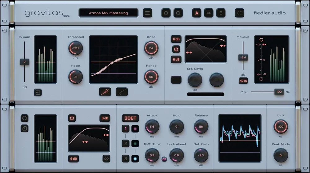 Interfaz del plug-in Fiedler Audio gravitas MDS con la curva de amplificación, los medidores de nivel y los controles de compresión y expansión
