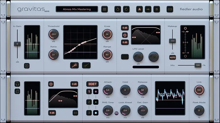 Interfaz completa de gravitas MDS en formato rack de dos bandejas, con el preset Atmos Mix Mastering cargado, perillas Threshold, Ratio, Knee y Range, medidores y la seccion 3DET