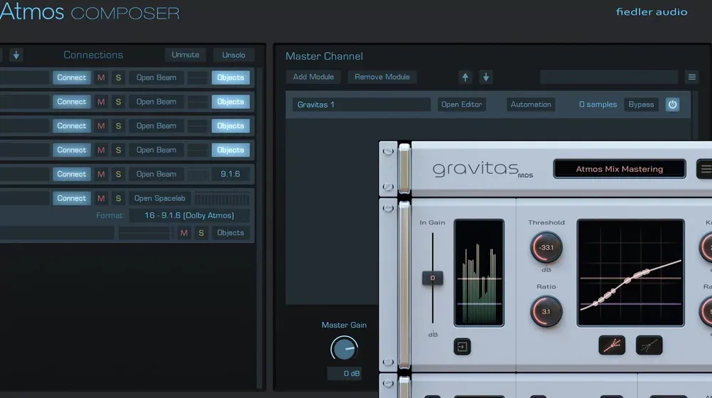 Dolby Atmos Composer con formato de sesion 9.1.6 Dolby Atmos, el modulo Gravitas 1 cargado en el Master Channel y la interfaz de gravitas MDS abierta encima