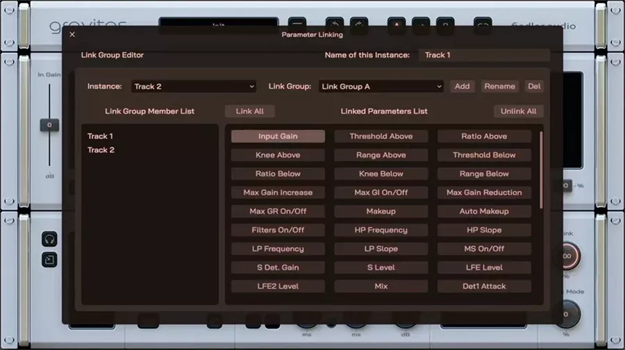 Dialogo Parameter Linking de gravitas MDS con el Link Group Editor, la lista de instancias Track 1 y Track 2 y la grilla de parametros enlazables como Input Gain, Threshold Above, Ratio Above y Makeup