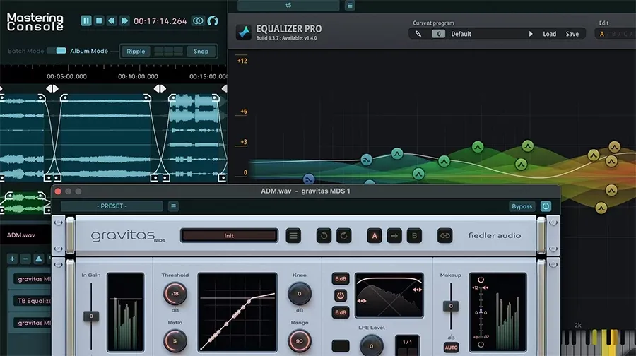 Master Channel de Mastering Console con la cadena de plug-ins insertada y las ventanas de Equalizer Pro y gravitas MDS abiertas sobre la linea de tiempo