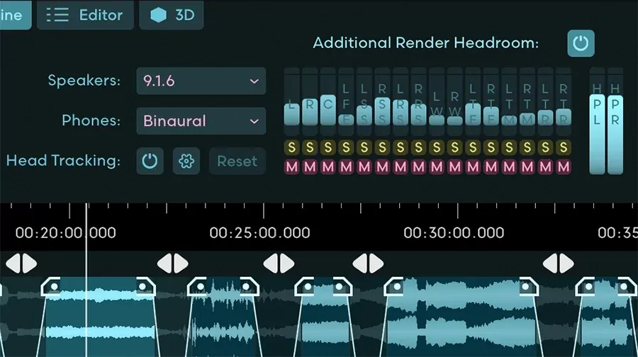 Panel de monitoreo con Speakers en 9.1.6, Phones en Binaural, head tracking activo y los canales L, R, C, LFE, surrounds y de altura con sus botones de solo y mute