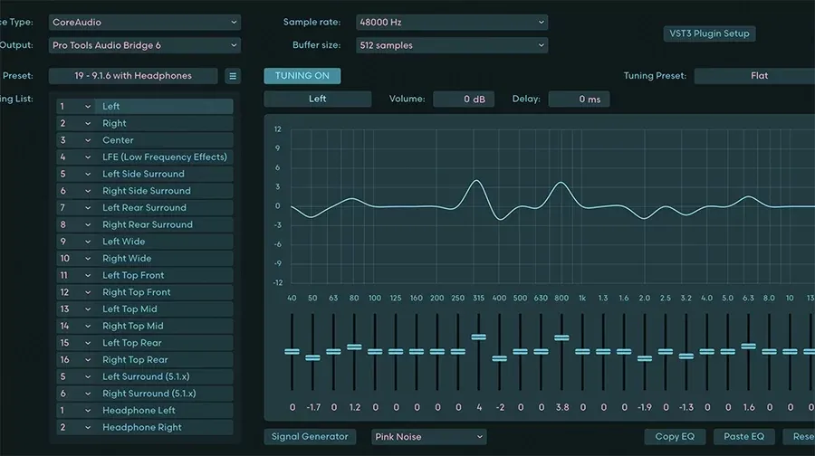 Ventana de configuracion de audio con CoreAudio, 48000 Hz y buffer de 512, lista de ruteo canal por canal, y seccion Tuning con ecualizador grafico, faders por banda, volumen y delay para el canal Left
